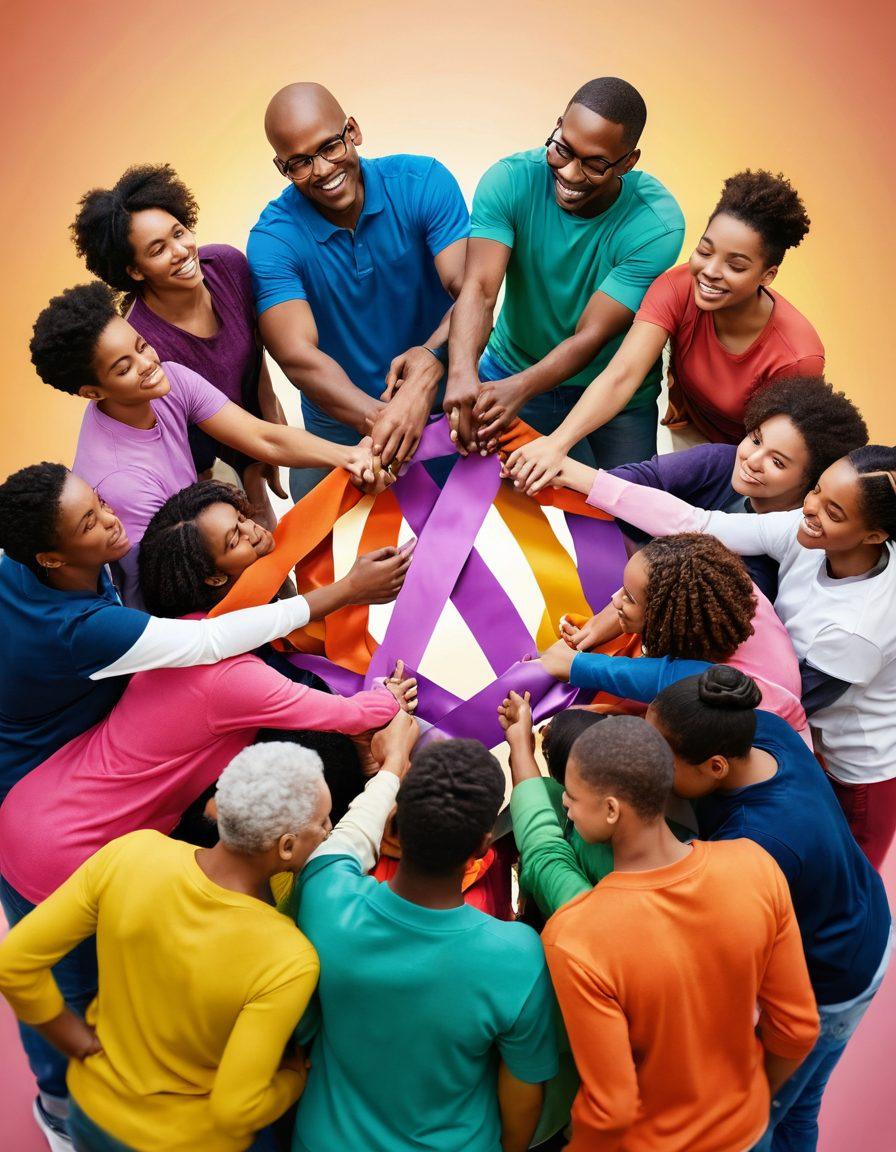 A diverse group of individuals, embracing each other in a circle, symbolizing unity and support, with elements of cancer awareness like ribbons in various colors. A warm and inviting community center backdrop filled with books, resource pamphlets, and soft lighting, showcasing friendship and resilience in the face of adversity. super-realistic. vibrant colors. warm tones.