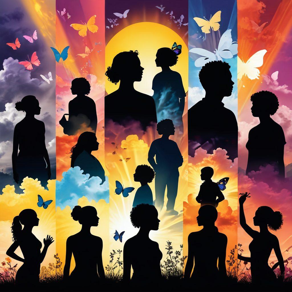 A collage illustrating diverse survivor stories, featuring silhouettes of individuals overcoming obstacles, with bright rays of sunlight breaking through dark clouds in the background. Include symbols of hope like butterflies and blooming flowers, all intertwined with quotes of resilience. The colors should be warm and uplifting. vibrant colors. modern illustration.